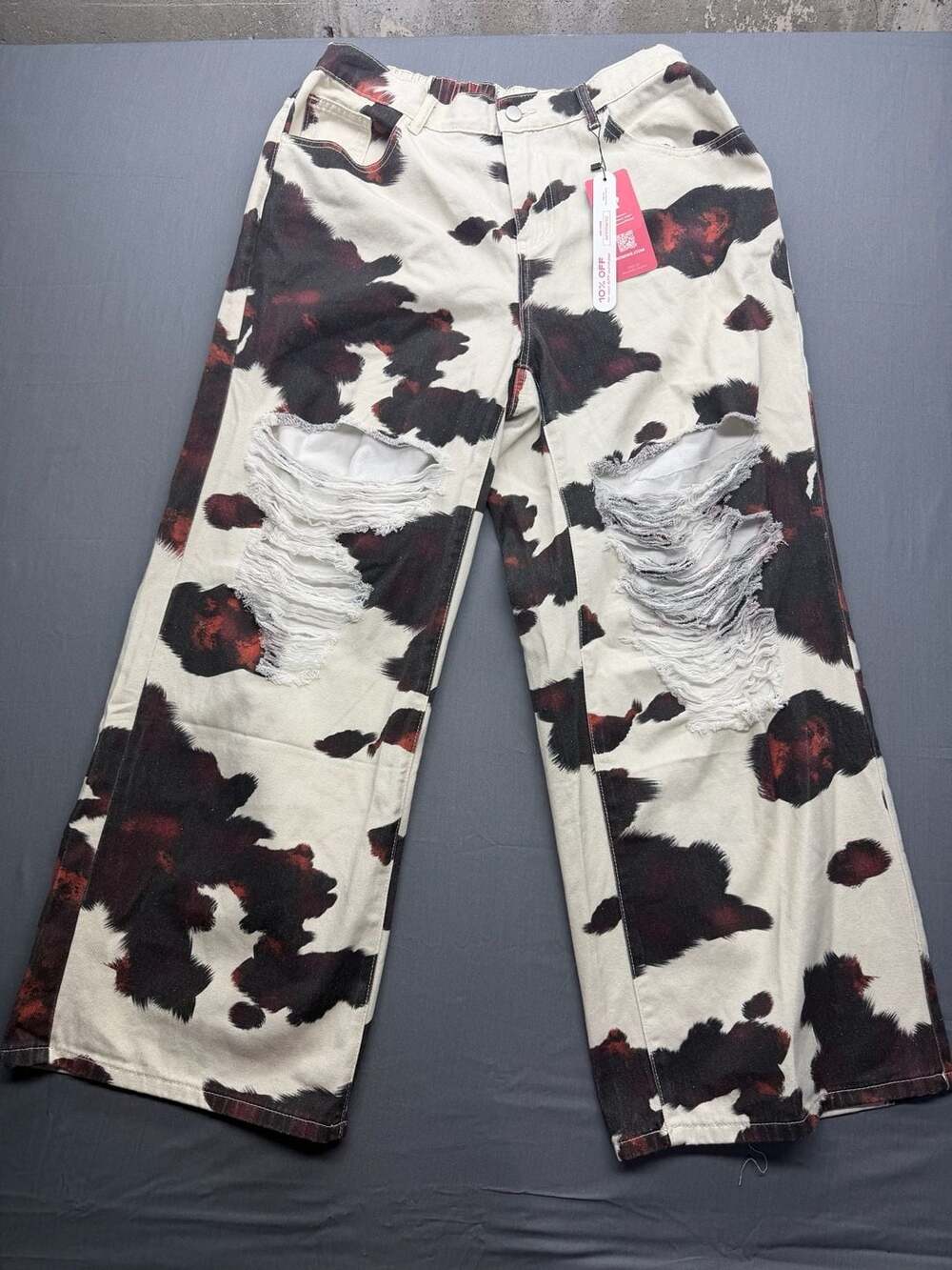 Romwe Cow Print Distressed Wide Leg Jeans Size 0XL